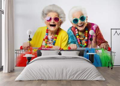 cheerful and funny happy 2 old woman are shopping Wall mural