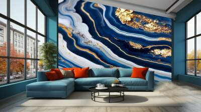 beautiful abstract grunge decorative dark blue stone wall texture. blue marble background. natural luxury style swirls of marble and gold powder. 3D Rendering Wall mural