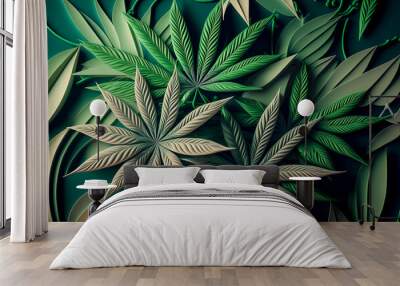 Cannabis leaves on a dark background. abstract background with Marijuana leaves. Generative AI Wall mural