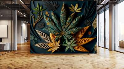 Cannabis leaves on a dark background. abstract background with Marijuana leaves. Generative AI Wall mural