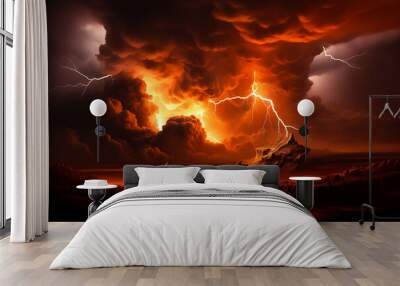 dramatic and powerful tornado. Lightning thunderstorm flash over the night sky. Concept on topic weather, cataclysms (hurricane, Typhoon, tornado, storm). Stormy Landscape Wall mural