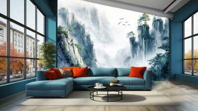 mountain and tree art background. Oriental Luxury landscape background design with watercolor brush line texture. Wallpaper design Wall mural