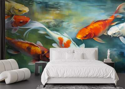 Set of koi fish and lotus. Asian background ,Oriental Japanese style abstract pattern Wall mural