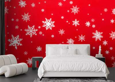 Snow background. Christmas snowy winter design. White falling snowflakes, abstract landscape. Cold weather effect. Magic nature fantasy snowfall texture decoration. Wall mural