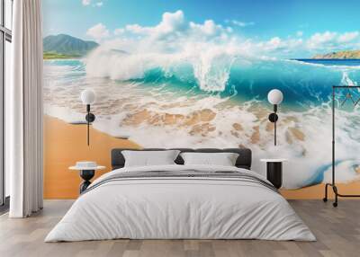 tropical paradise beach with white sand. travel tourism wide panorama background concept. Generative AI Wall mural