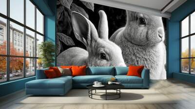 Two rabbits in the garden. Black and white image. Digital painting. Generative AI Wall mural