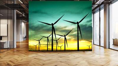 Wind turbines silhouette at sunset Wall mural