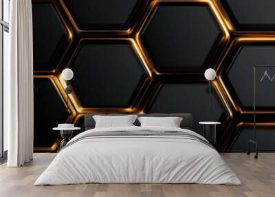 Abstract black background with a golden hexagon pattern, a dark and modern wallpaper design with a geometric texture Wall mural