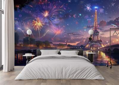 Eiffel tower and fireworks in Paris France, illustration for Olympic games in summer 2024 imagined by AI generative - not the actual event Wall mural