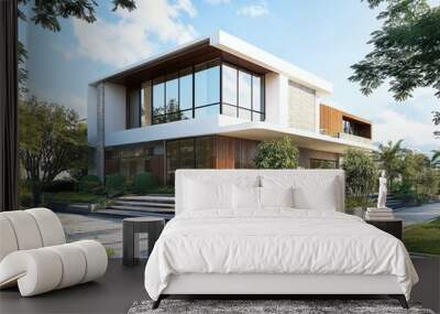 A two-story home exterior with a minimalist design featuring large windows and wooden accents. Surrounded by greenery, the sleek structure blends contemporary architecture with natural elements. Wall mural