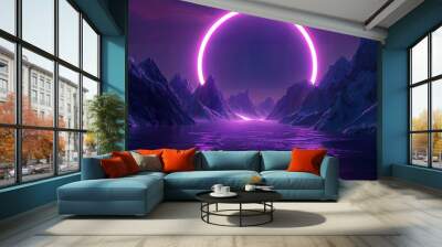 Futuristic neon landscape featuring a glowing purple ring in the sky, reflected on calm waters, with dark mountains framing the scene, creating a surreal and atmospheric setting with vibrant colors. Wall mural