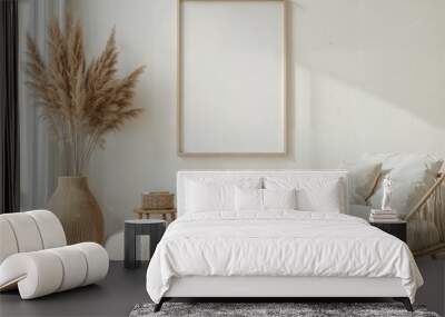 Minimalist living room featuring a blank white canvas on the wall, light natural wood furniture, and soft neutral tones, with dried pampas grass adding texture to the clean, calming atmosphere. Wall mural