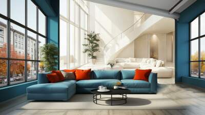 Spacious modern living room with high ceilings and a grand curved staircase, featuring white furniture and large windows that flood the space with natural light, creating an airy, luxury atmosphere. Wall mural