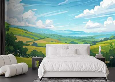 Whimsical illustration of a sunny rural landscape with rolling green hills, fluffy white clouds, and a bright blue sky. Wall mural