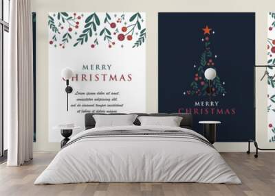 Merry Christmas and New Year posters or Greeting cards set Template with Floral design. Trendy retro style. Vector design elements. Wall mural