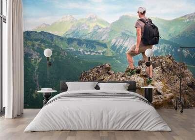 Hiker standing on top of the mountain Wall mural