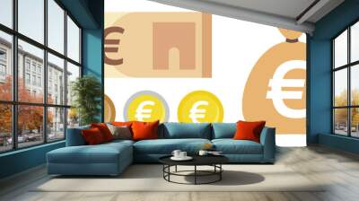 Illustration of a jute bag full of money and a set of euro bill and coins
 Wall mural