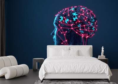 A futuristic depiction of a human head with neural connections, symbolizing advanced technology and artificial intelligence. Wall mural