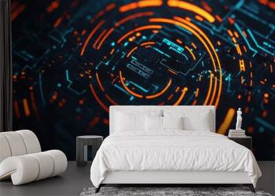 Abstract digital circuit design featuring glowing orange and blue lights, creating a futuristic and tech-inspired atmosphere. Wall mural