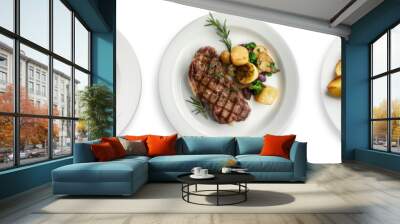 set of grilled beef steak and potatoes on plate isolated on transparent  background top view Wall mural