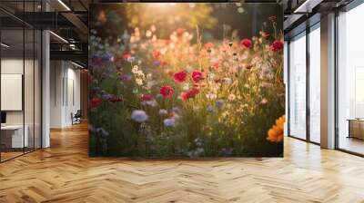 Colorful flower meadow with sunbeams and bokeh lights in summer Wall mural