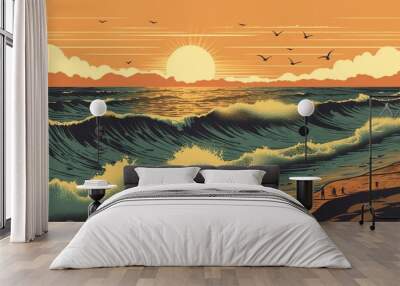 Sunset vintage retro style beach surf poster vector illustration Wall mural