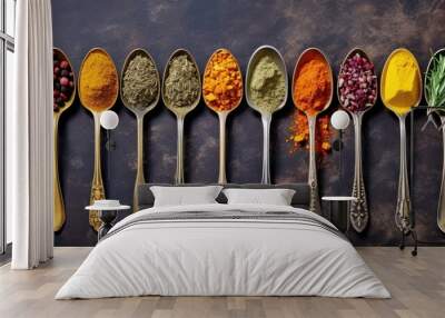 A Row of Spoons Filled with Spices Wall mural