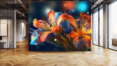 Alstroemeria sp bokeh abstract background. orange, blue light Wall mural