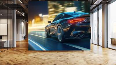 car traveling at high speed against the background of buildings and bokeh lights Wall mural