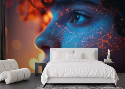 Close-up portrait of a young man with a futuristic digital patte Wall mural