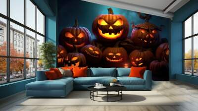 Spooky Halloween Pumpkins Glowing In The Dark Wall mural