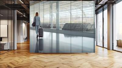 traveling woman walking with suitcase in terminal busy airport elephants passing through a shallow river, background sunlight through gaps in tree leaves Wall mural