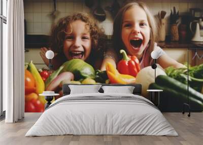 Two Children Smiling with Vegetables Wall mural