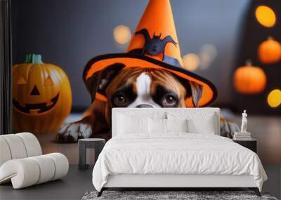 Boxer dog relaxed wearing Halloween hat Peeking Around Corner Halloween theme Wall mural