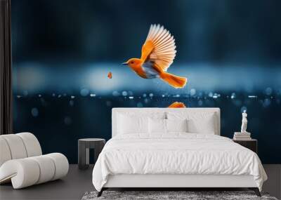  A bird flies over mirrored water, its reflection visible both beneath and above Wall mural