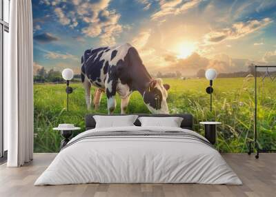  A black-and-white cow grazes in a lush green field under a sunny sky with clouds scattering sunlight Wall mural