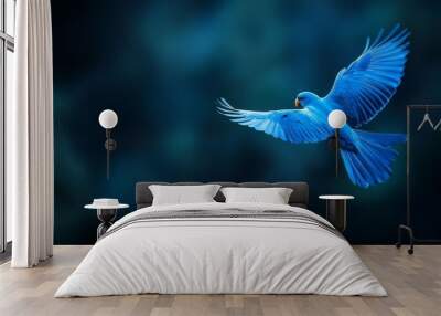  A blue bird in flight, wings splayed wide, head tilted sideways Wall mural