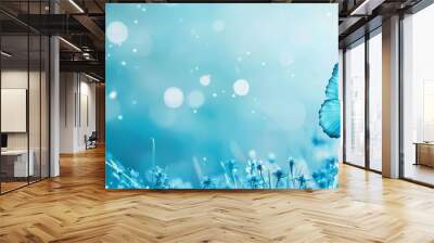  A blue butterfly perches atop a grassy field, adjacent to a lamp post The post is crowned with a shining light Wall mural