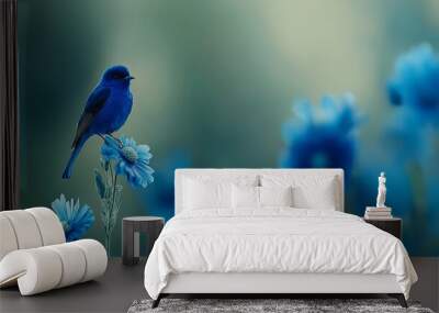  A bluebird atop a blue bloom, adjacent to a expanses of blue blossoms under bright sun Wall mural