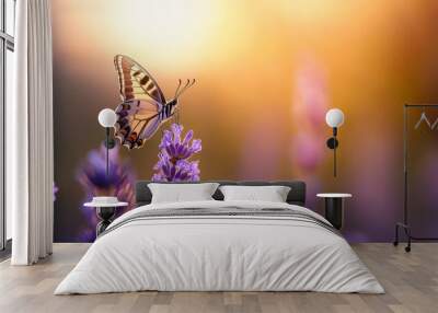  A close-up of a butterfly in flight above a purple flower field Sun rays filter through clouds in the backdrop Wall mural