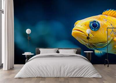  A close-up of a yellow fish with blue eyes against a black background Wall mural