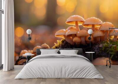  A cluster of mushrooms sits atop moss-covered forest ground, teeming with numerous yellow and white specimens Wall mural