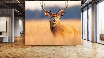  A deer in a tall grass field, its head tilted to the side in a close-up Wall mural