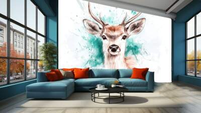  A detailed depiction of a deer's head with watercolor paint splatters on its face Wall mural