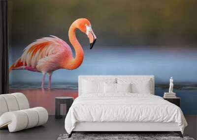  A flamingo stands with its head and long legs submerged in the water Wall mural