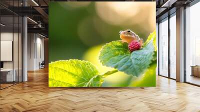  A frog perches atop a ripe raspberry, nestled among green, sun-kissed leaves Bright sunlight filters through the foliage Wall mural