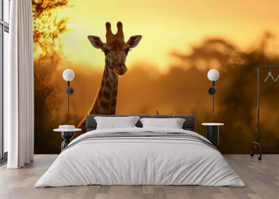  A giraffe silhouetted against a sunset backdrop, trees in the foreground Wall mural