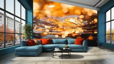  A gold leaf floats atop a still body of water, mirroring its reflection in ripples beneath, as a nearby yellow light casts gentle illumination across the surface Wall mural