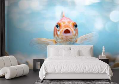  A goldfish in an aquarium, closely gazing at the camera with a startled expression Wall mural