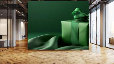  A green gift box, topped with a green bow, sits on a bed of green satin fabric against a green backdrop Wall mural